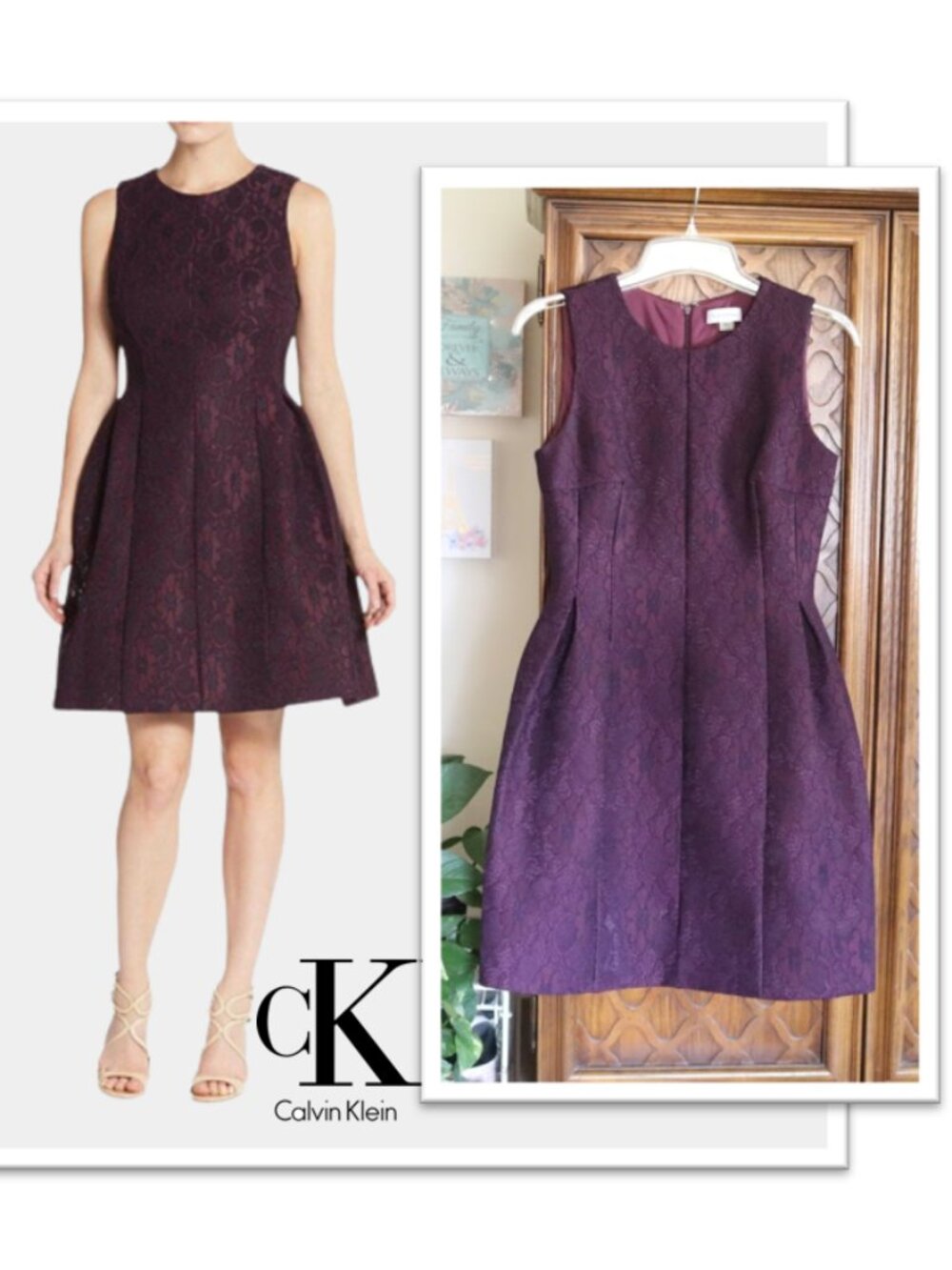 CALVIN KLEIN Floral Lace Fit & Flare Scuba Dress - Purple, Size 4